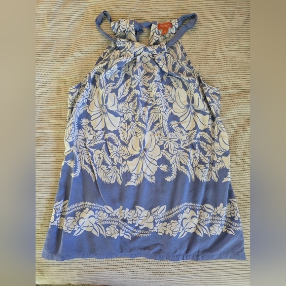 Tommy Bahama Relax Slvless Halter Top Blue/White Hawaiian Tropical Floral Sz L - Picture 1 of 7